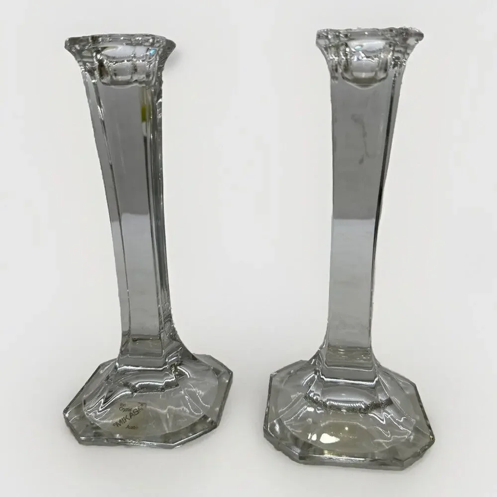 Vintage MCM Mikasa Hyde Park Clear Crystal Art Deco Taper Candle Holders Set 2